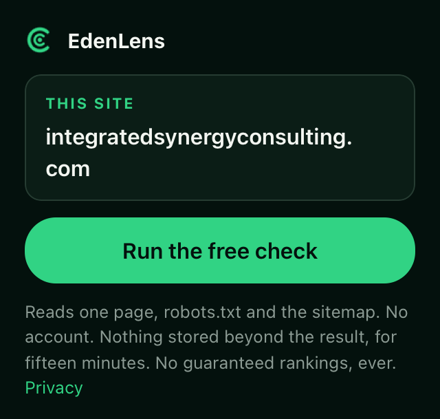 The EdenLens toolbar popup, showing the site you are on and a Run the free check button