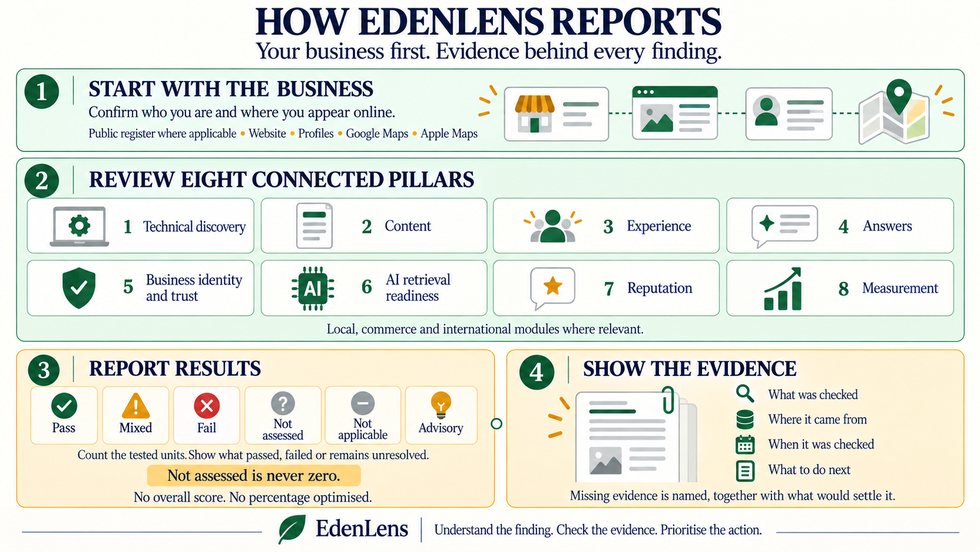 An EdenLens report open on a Mac, showing the coverage statement, the foundations and the ranked problems.